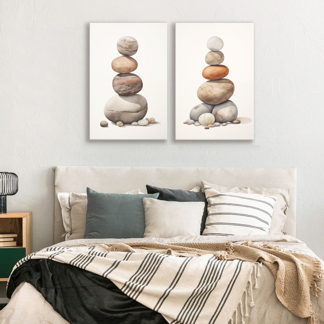 Díptico decorativo con piedras apiladas en equilibrio sobre fondo neutro. Estética zen, minimalista y natural.