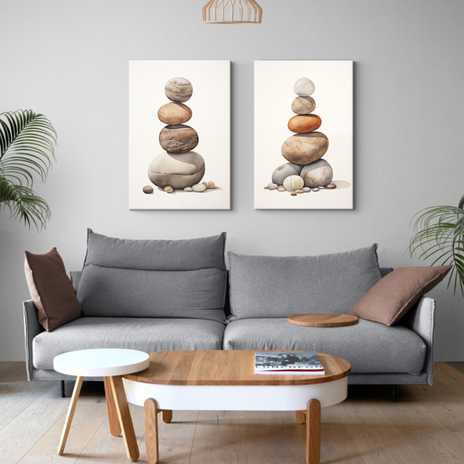 Díptico decorativo con piedras apiladas en equilibrio sobre fondo neutro. Estética zen, minimalista y natural.