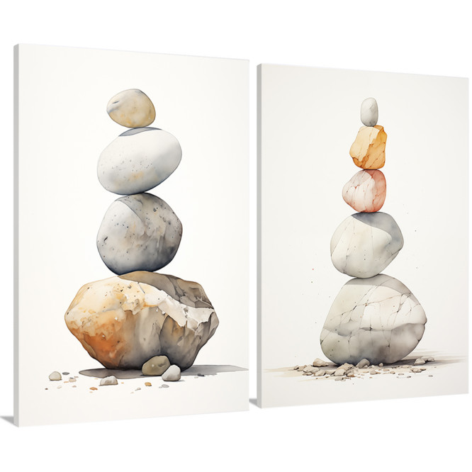 Díptico estilo zen, piedras apiladas en tonos grises y blanco y ocres- Cuadrostock