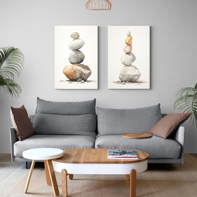 Díptico estilo zen, piedras apiladas en tonos grises y blanco y ocres- Cuadrostock