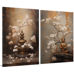Díptico zen con ramas floridas blancas, figura de Buda y jarrón ceremonial- Cuadrostock