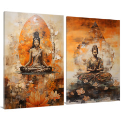 Díptico zen con dos mujeres meditando rodeadas de flores y fondo naranja- Cuadrostock