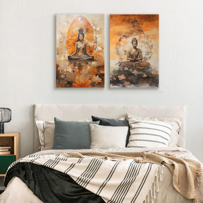 Díptico zen con dos mujeres meditando rodeadas de flores y fondo naranja- Cuadrostock