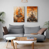 Díptico zen con dos mujeres meditando rodeadas de flores y fondo naranja- Cuadrostock