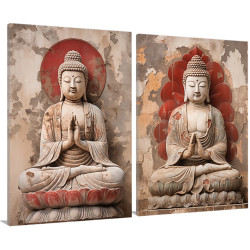 Díptico zen con esculturas de Buda sobre fondo rojizo desgastado ideal para ambientes espirituales- Cuadrostock