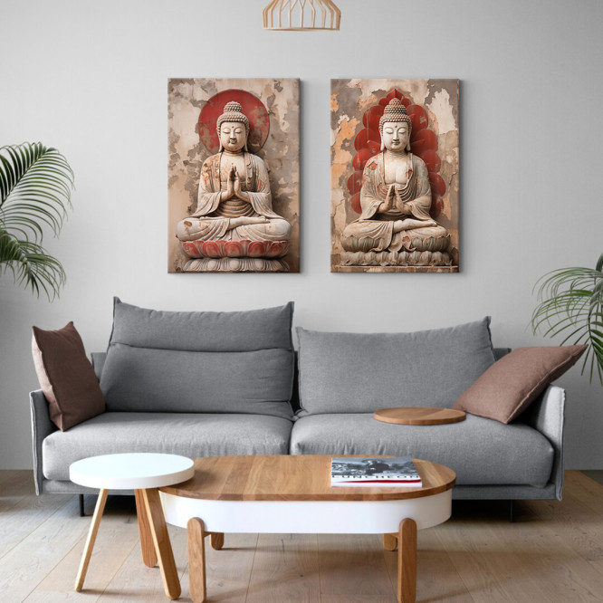 Díptico zen con esculturas de Buda sobre fondo rojizo desgastado ideal para ambientes espirituales- Cuadrostock