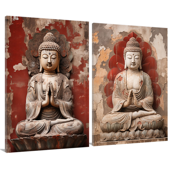 Díptico zen con esculturas de Buda sobre fondo rojizo desgastado ideal para ambientes espirituales- Cuadrostock Díptico zen con esculturas de Buda sobre fondo rojizo desgastado ideal para ambientes espirituales- Cuadrostock