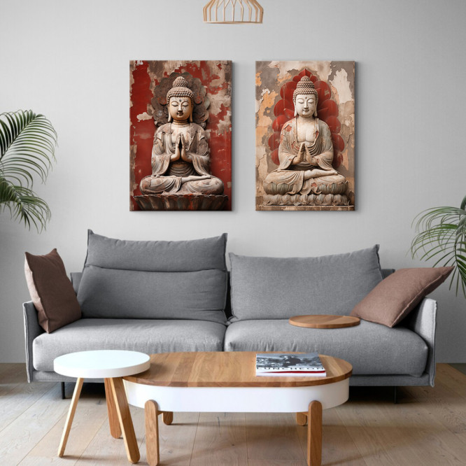 Díptico zen con esculturas de Buda sobre fondo rojizo desgastado ideal para ambientes espirituales- Cuadrostock