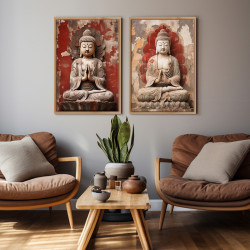 Díptico zen con esculturas de Buda sobre fondo rojizo desgastado ideal para ambientes espirituales- Cuadrostock