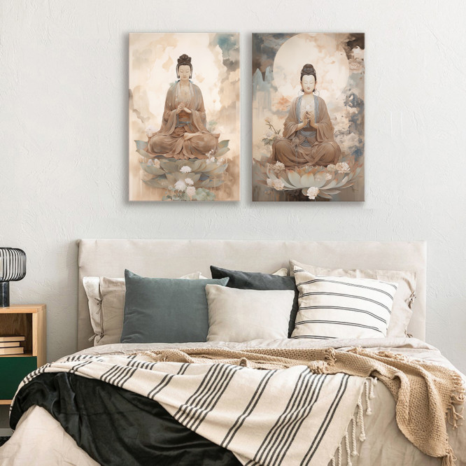 Díptico con figura femenina de estilo oriental meditando, perfecta para decoraciones zen- Cuadrostock