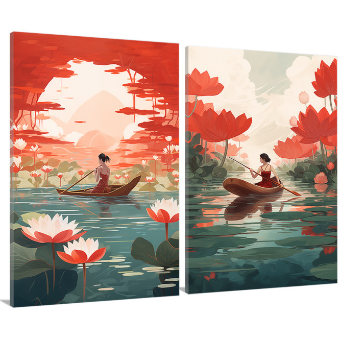 Díptico decorativo "Jardín de Loto"con ilustración oriental en tonos rojo y azul ideal para habitaciones. Díptico decorativo "Jardín de Loto"con ilustración oriental en tonos rojo y azul ideal para habitaciones.