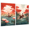 Díptico decorativo "Jardín de Loto"con ilustración oriental en tonos rojo y azul ideal para habitaciones.
