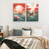 Díptico decorativo "Jardín de Loto"con ilustración oriental en tonos rojo y azul ideal para habitaciones- Cuadrostock