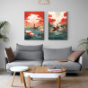 Díptico decorativo "Jardín de Loto"con ilustración oriental en tonos rojo y azul ideal para habitaciones- Cuadrostock