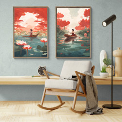 Díptico decorativo "Jardín de Loto"con ilustración oriental en tonos rojo y azul ideal para habitaciones- Cuadrostock