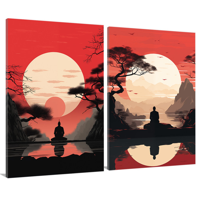 Díptico decorativo con paisaje zen y silueta meditando bajo el sol naciente. Inspiración oriental en tonos rojo y crema