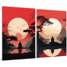 Díptico decorativo con paisaje zen y silueta meditando bajo el sol naciente. Inspiración oriental en tonos rojo y crema