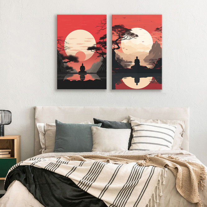 Díptico decorativo con paisaje zen y silueta meditando bajo el sol naciente. Inspiración oriental en tonos rojo y crema