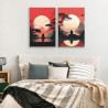 Díptico decorativo con paisaje zen y silueta meditando bajo el sol naciente. Inspiración oriental en tonos rojo y crema