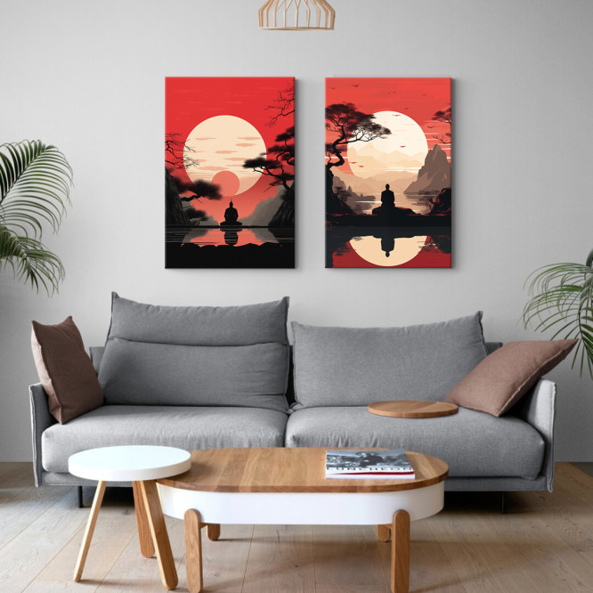 Díptico decorativo con paisaje zen y silueta meditando bajo el sol naciente. Inspiración oriental en tonos rojo y crema