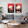 Díptico decorativo con paisaje zen y silueta meditando bajo el sol naciente. Inspiración oriental en tonos rojo y crema