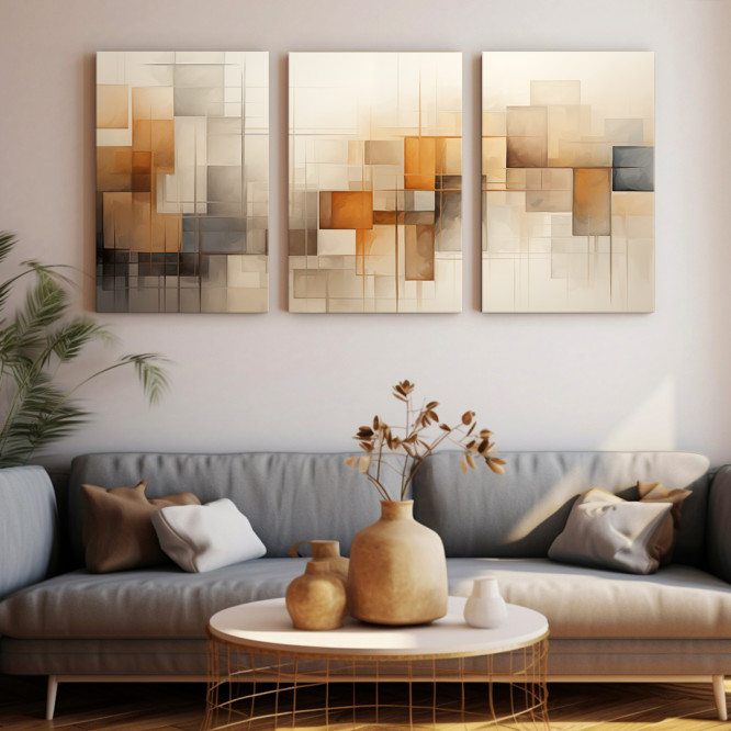 Tríptico moderno abstracto con figuras geométricas en tonos cálidos y neutros sobre fondo beige-Cuadrostock