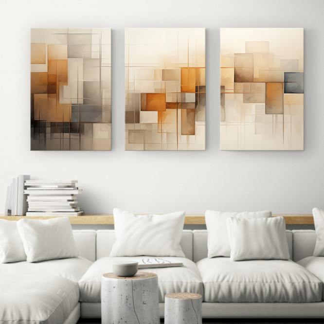 Tríptico moderno abstracto con figuras geométricas en tonos cálidos y neutros sobre fondo beige-Cuadrostock