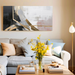 cuadro abstracto moderno con textura y relieve artesanal, tonos negro, blanco, dorado y gris. Diseño geométrico y elegante