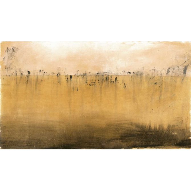 Cuadro abstracto con efecto de horizonte en tonos dorados, ocres y marrones.