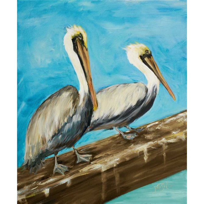 Two Pelicans on Dock Rail - Cuadrostock
