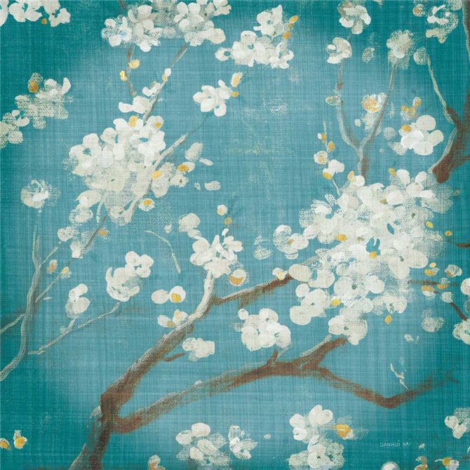 White Cherry Blossoms I on Teal Aged no Bird - Cuadrostock
