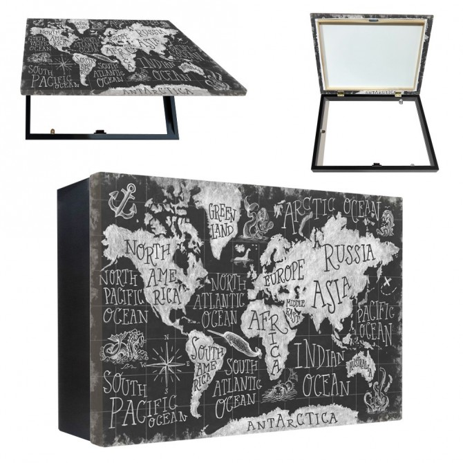 Tapa contador con diseño de mapa del mundo en estilo pizarra vintage, blanco sobre fondo negro- Cuadrostock Tapa contador con diseño de mapa del mundo en estilo pizarra vintage, blanco sobre fondo negro- Cuadrostock