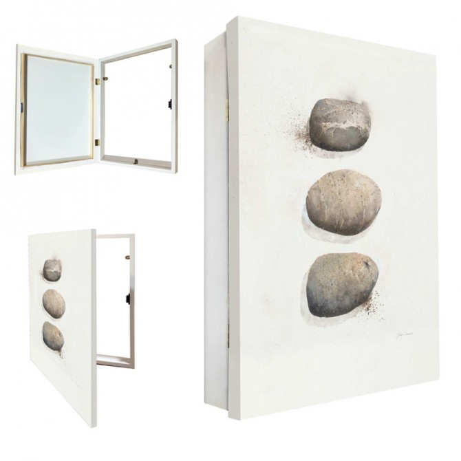 Tapa contador decorativo con piedras zen apiladas sobre fondo blanco minimalista - Cuadrostock