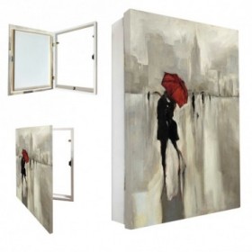 Tapa contador decorativo con escena romántica de pareja y paraguas rojo en ciudad con tonos grises- Cuadrostock