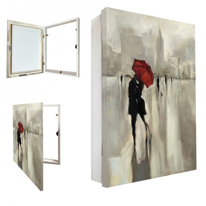 Tapa contador decorativo con escena romántica de pareja y paraguas rojo en ciudad con tonos grises- Cuadrostock Tapa contador decorativo con escena romántica de pareja y paraguas rojo en ciudad con tonos grises- Cuadrostock
