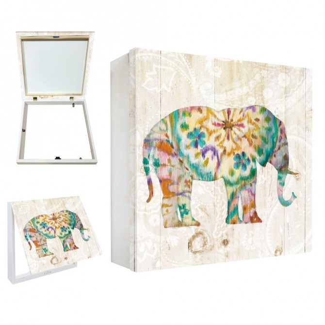 Tapa contador decorativo con elefante multicolor estilo boho sobre fondo blanco envejecido - Cuadrostock