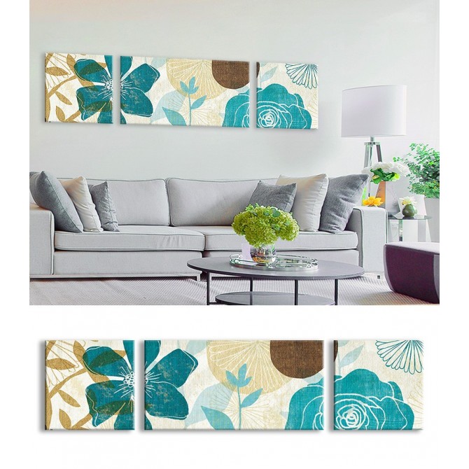 Tríptico flores en tonos azules y cremas ideal para habitaciones y salones- Cuadrostock