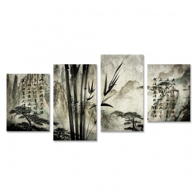Tríptico Con paisaje oriental estilo tinta Dividido en 4 Cuadros - Cuadrostock