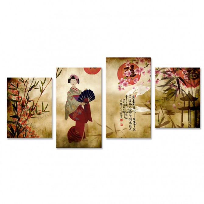 Tríptico Oriental con geisha Dividido en 4 Cuadros - Cuadrostock