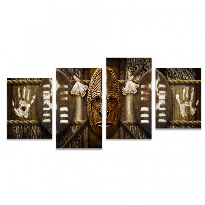 Tríptico Africano con máscaras Dividido en 4 Cuadros - Cuadrostock