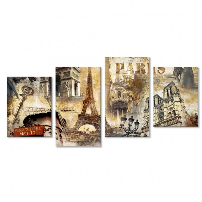 Tríptico Collage de París 01 Dividido en 4 Cuadros - Cuadrostock