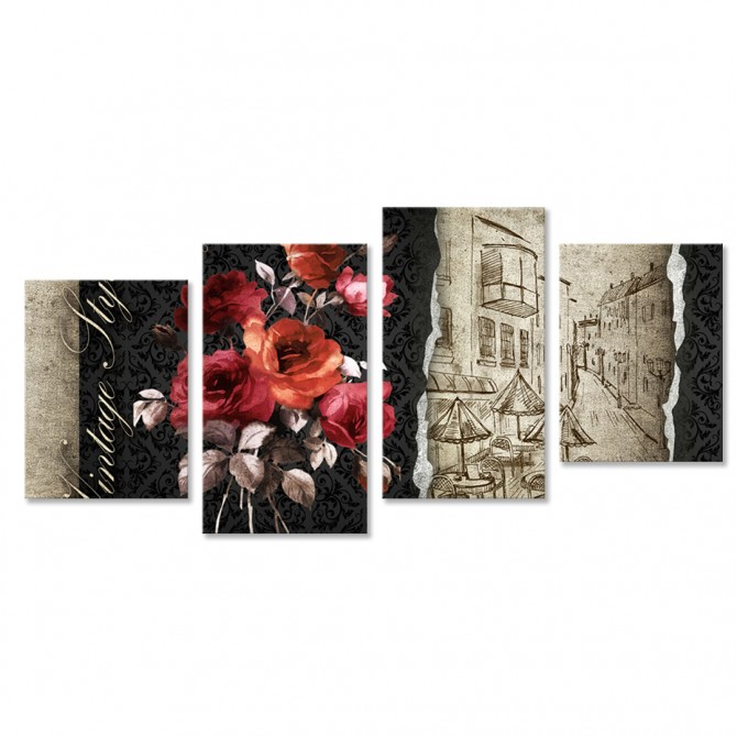 Tríptico Collage Flores 05 Dividido en 4 Cuadros - Cuadrostock