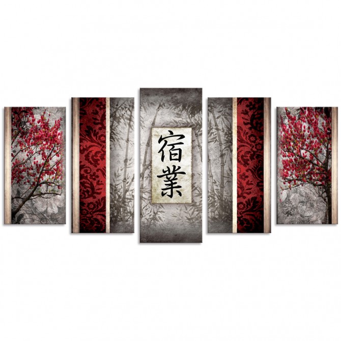 Cuadro tríptico estilo oriental tonos gris y rojo dividido en 5 partes - Cuadrostock