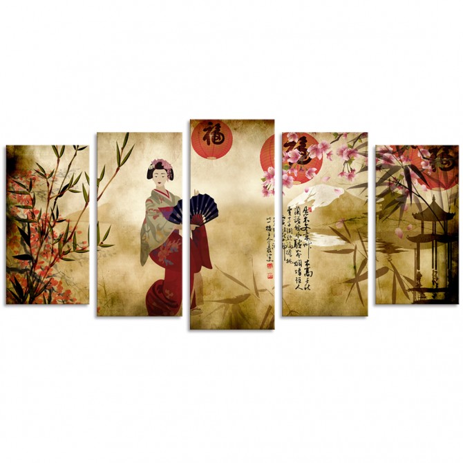 Cuadro tríptico oriental de geisha dividido en 5 partes - Cuadrostock