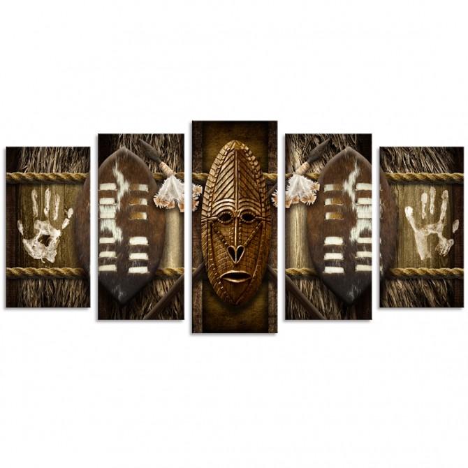 Cuadro tríptico africano con máscaras dividido en 5 partes - Cuadrostock