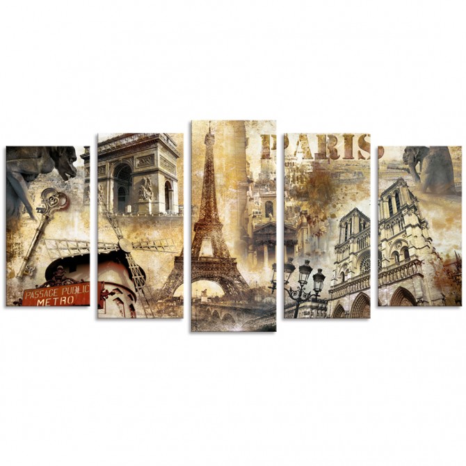 Cuadro tríptico de collage de París dividido en 5 partes - Cuadrostock
