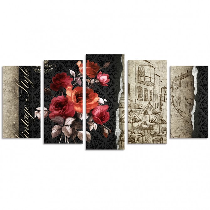 Cuadro tríptico de flores estilo vintage dividido en 5 partes - Cuadrostock