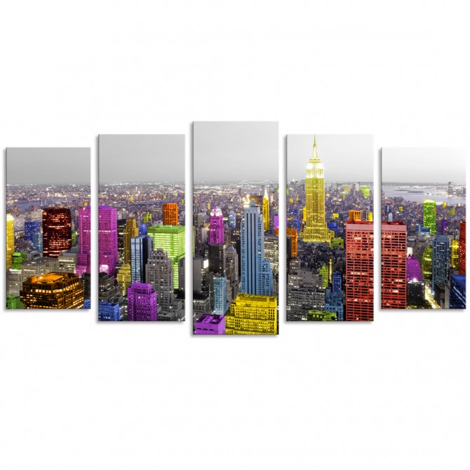 Cuadro tríptico Nueva York 01 colores dividido en 5 partes - Cuadrostock