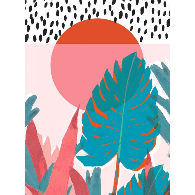 Cuadro decorativo moderno con diseño tropical, sol naranja y hojas en tonos azules sobre fondo rosa-Cuadrostock