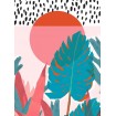 Cuadro decorativo moderno con diseño tropical, sol naranja y hojas en tonos azules sobre fondo rosa-Cuadrostock